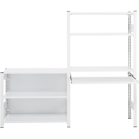 Système d'étagères blanc avec bureau. L'étagère comporte plusieurs étagères et une table coulissante. Le fond est blanc.