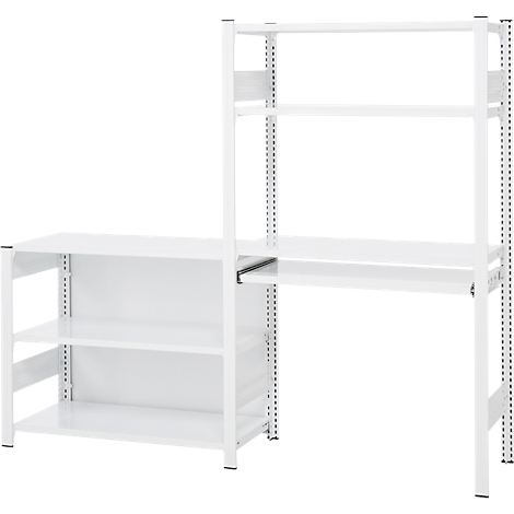 Étagère blanche avec plusieurs étagères, table de travail et étagère supérieure, isolée.