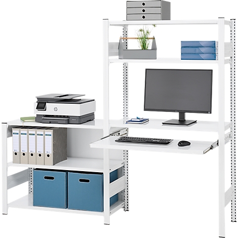 Étagères de bureau blanches avec imprimante, moniteur, dossiers et boîtes bleues.