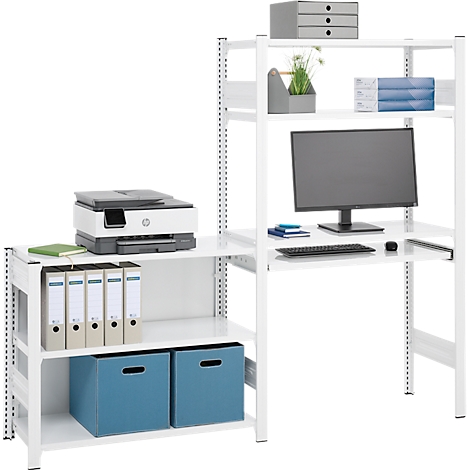 Étagère de bureau blanche avec imprimante, PC, dossiers et boîtes bleues.