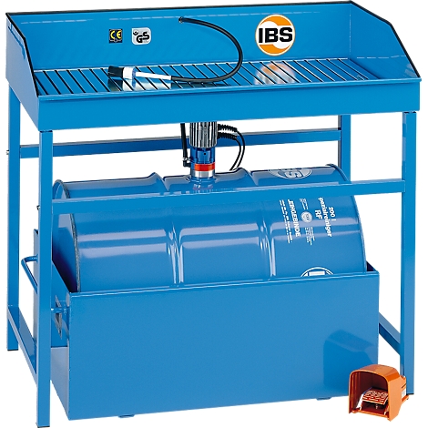 Blauw reinigingssysteem met vat, rooster, voetpedaal en logo's.