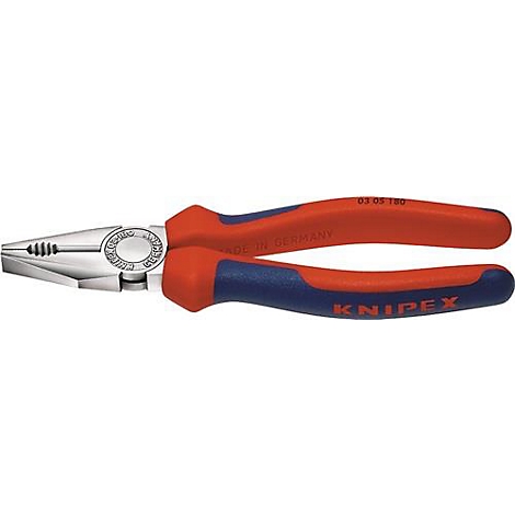 Knipex tang met rood-blauwe handgrepen. Opschrift: Knipex, Made in Germany.