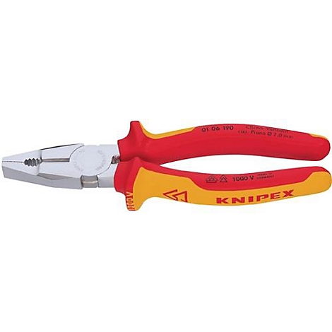 Tang met rood-gele handvatten en zilveren bekken. Opdruk: 1000V.
