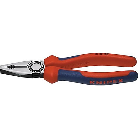 Knipex tang met rode en blauwe handgrepen en zilveren bekken. Made in Germany.