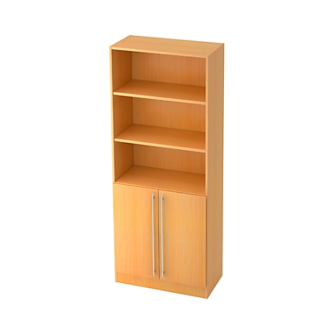 Light brown bookcase with three shelves and cabinet doors with two handles.