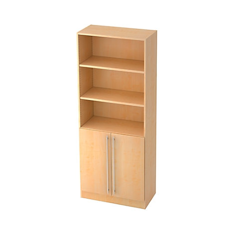 Beige bookcase with three open shelves and a cabinet with two doors.