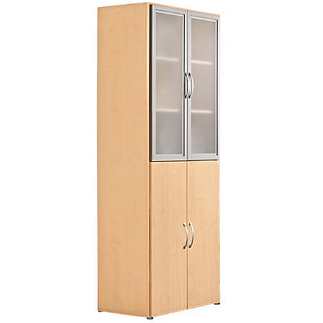 Tall cabinet, two-door. Glass inserts on top, doors with handles at the bottom.