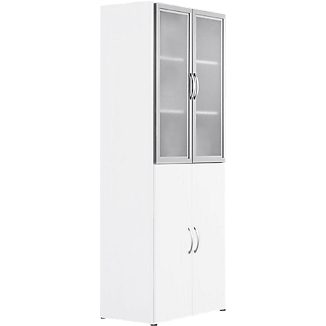 Tall white cabinet with glass cabinet doors at the top and opaque doors below. Silver handles.