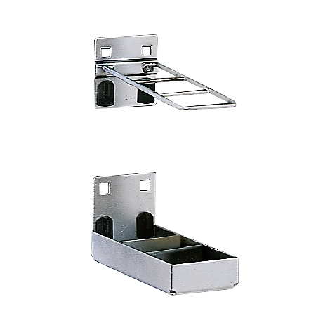 Stainless steel kitchen shelf in two views. Once unfolded with rungs, once folded with compartments.