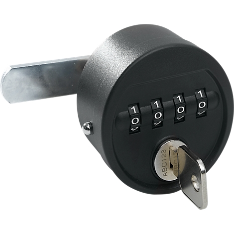 A black cylindrical lock with combination and key. The code is set to 1110.