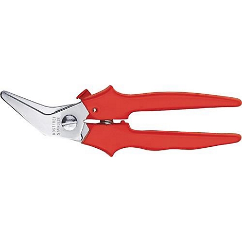 Red garden shears with silver blade.