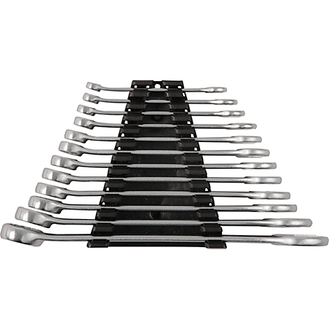 A set of wrenches in a holder. The wrenches are metallic gray, the holder black.