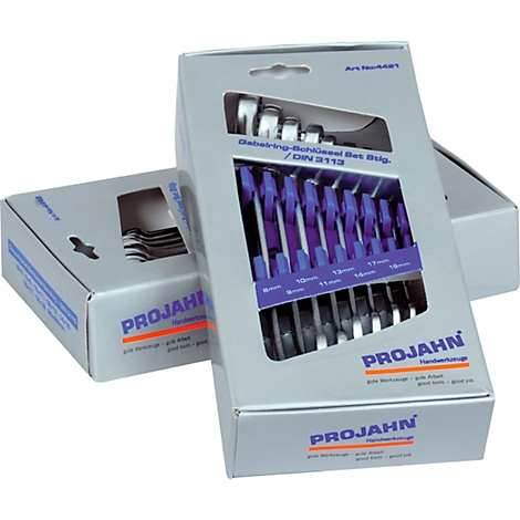 A set of wrenches in a gray box with a viewing window. Inscription: PROJAHN.