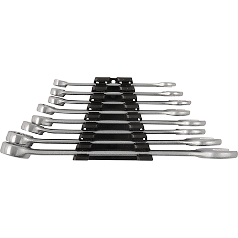 A set of wrenches arranged in a black holder. The metal wrenches are in various sizes.