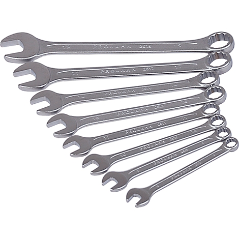 Seven silver wrenches of varying sizes are fanned out next to each other. The brand name is on each wrench.