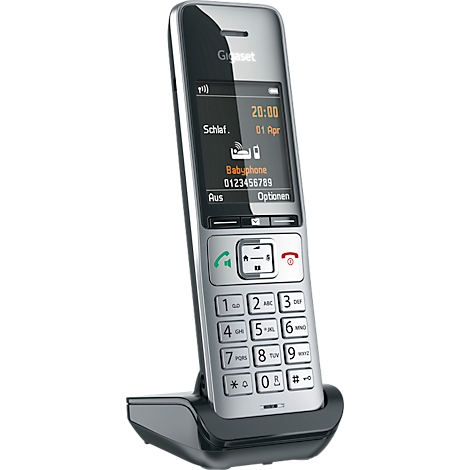 Téléphone sans fil Gigaset argenté avec écran. L'écran affiche "Babyphone" et un numéro de téléphone.