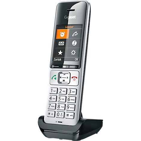 Un téléphone sans fil Gigaset noir avec des boutons et un écran gris, debout dans une station de charge noire.