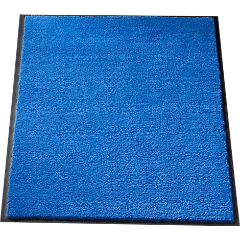 Blue doormat with black border, square.