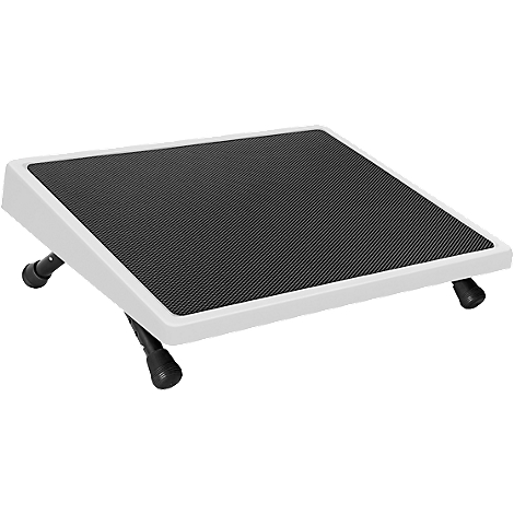 A white footrest with a black, non-slip surface, standing on black adjustable legs.