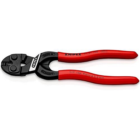 Een rode en zwarte boutscharen tang van het merk Knipex. Op de handgrepen zijn letters te zien.