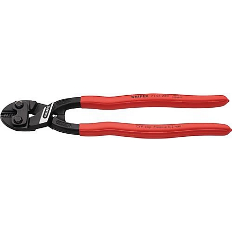Zwarte boutknippers met rode handgrepen. Knipex staat op de handgrepen.
