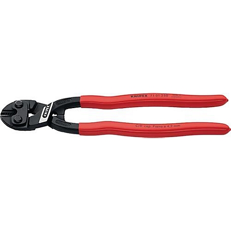 Afbeelding van een rode en zwarte Knipex-boutenschaar. Op de handvatten staat "KNIPEX 71 01 250".