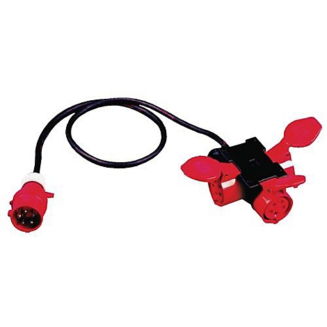 Een rode stekker met kabel, en een zwart en rood tegenstuk. De stekkers zijn bedoeld voor het aansluiten van stroomkabels.