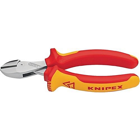 Rode en gele tang, merk KNIPEX. De tangpunten zijn metaal, de handvatten zijn ergonomisch gevormd.