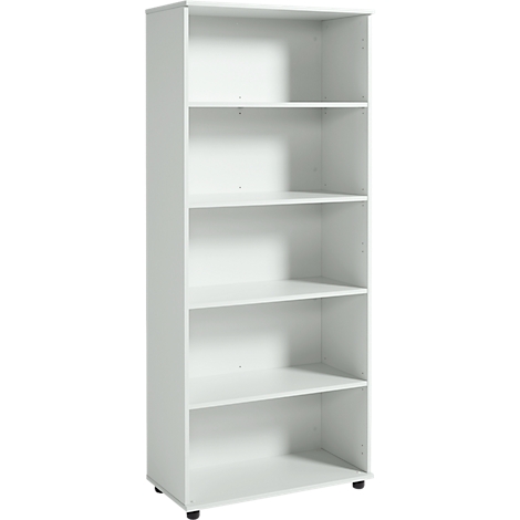 Witte boekenplank met vijf planken, staand op kleine wieltjes.