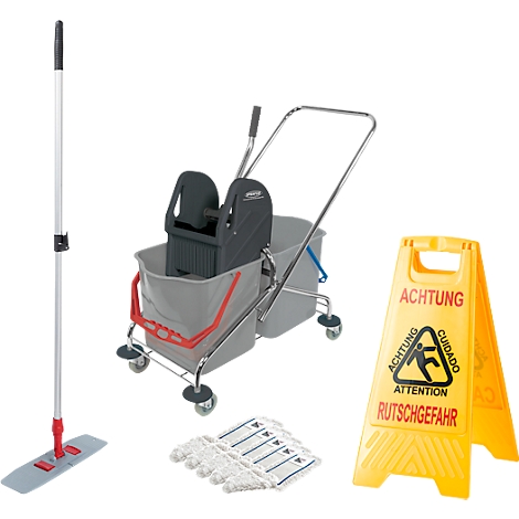Various cleaning utensils, including a mop, a cleaning trolley, and a warning sign for slippery floors.