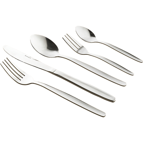 Five silver cutlery pieces: knife, fork, spoon; arranged on a white background.