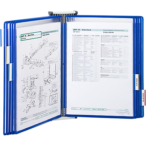 Blue document presentation system with open pages containing diagrams and tables, labeled "BP K. Series".