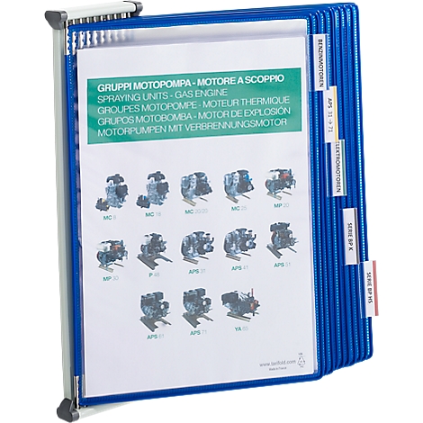 Blue wall-mounted brochure holder with white tabs referring to engines. Product information and illustrations are inside the brochure holder.