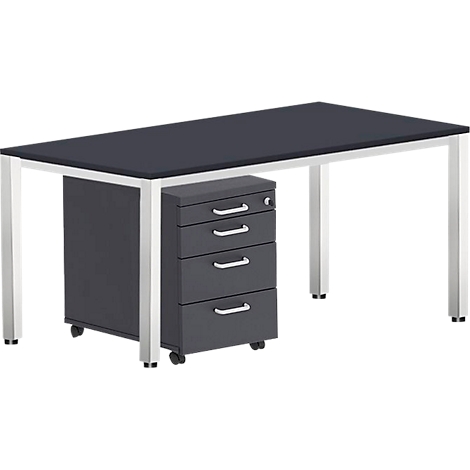 Desk with dark table top, gray drawer cabinet, and silver legs. Angled perspective.