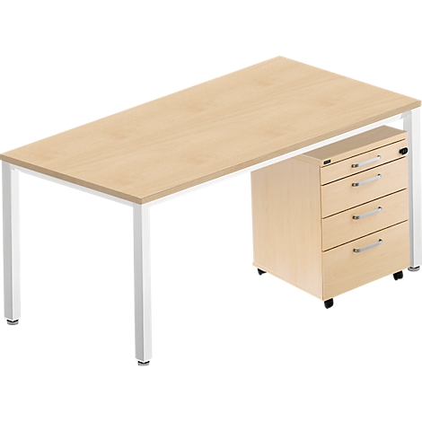 A modern desk with a light brown tabletop and white metal legs. A cabinet with drawers on wheels.