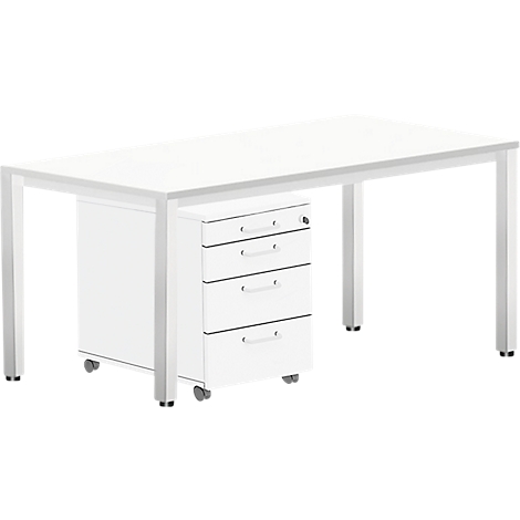 White desk with integrated mobile pedestal and 4 drawers.
