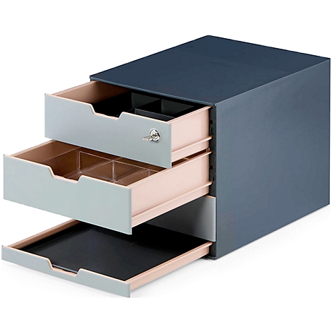 Dark blue desk cabinet with three drawers. The drawers are open, showing pink and gray details.