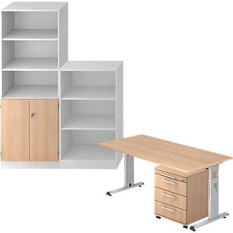Office furniture: wall unit and desk. Cabinet with shelves and doors. Desk with drawers.
