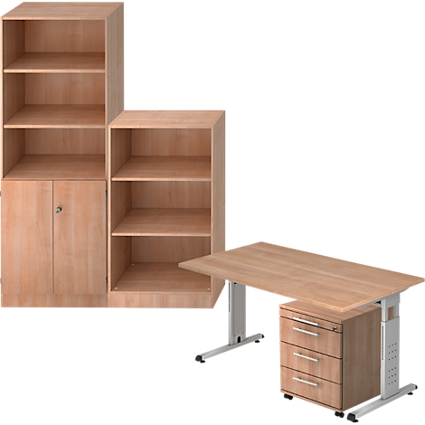 Office furniture: wooden cabinet with shelf and door, desk with drawers. Light wood colors.