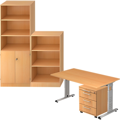 Office furniture: a wall unit and height-adjustable desk made of light wood. The wall unit has doors and shelves. The desk has drawers.