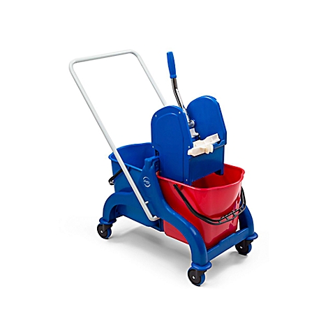 Blue and red mop bucket cart with handle and wheels. A white handle is attached at the top.