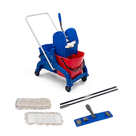 Blue and red mop with bucket and accessories on a white background.