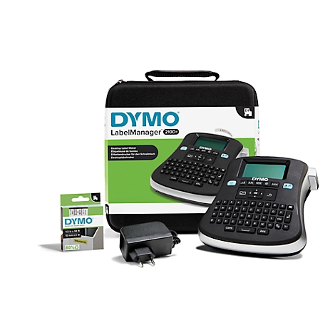 Photo shows a DYMO LabelManager 210D+ label maker set. It includes two label makers, label rolls, a power adapter, and a carrying case.