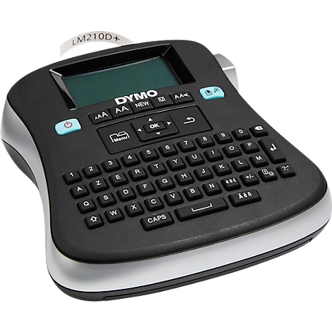 Black Dymo label maker with display and keyboard. Printed text: LM210D+.