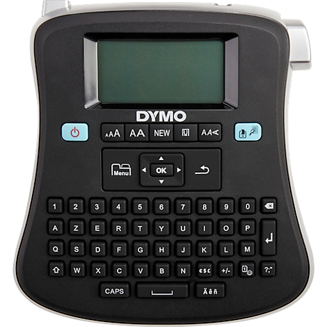 Black Dymo label maker with a display and keyboard. The keyboard has letters, numbers, and symbols.