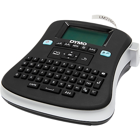 Black DYMO label maker with keyboard, display, and white trim. The words DYMO and LM2100+ are printed on it.