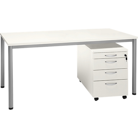 White desk with silver legs and a rolling cabinet with drawers. A key is in the lock.