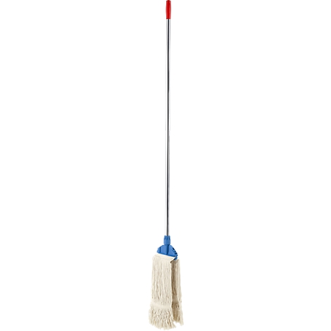 A white mop with a red handle, blue element and white mop cloth.