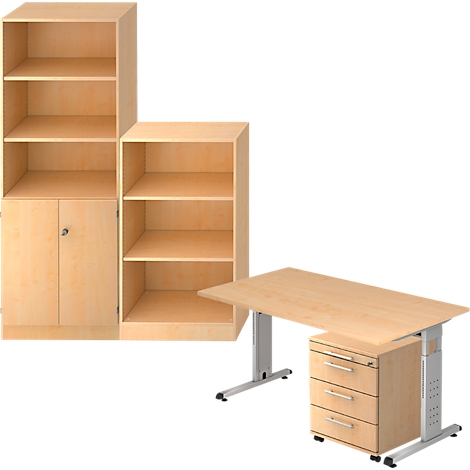 Wooden office furniture set: wall unit with cupboard and shelves, height-adjustable desk with drawers. Wood grain visible.