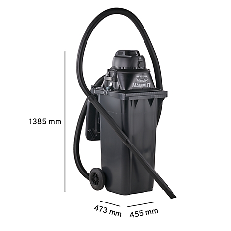 Black vacuum cleaner, side view with dimensions and the lettering "MAMMUT" on the device. Hose and nozzle recognizable.